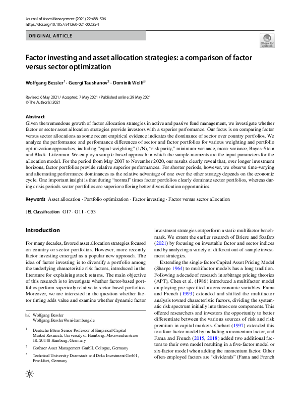 (PDF) Factor investing and asset allocation strategies: a comparison of ...