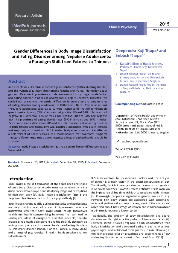 (PDF) Gender Differences in Body Image Dissatisfaction and Eating ...