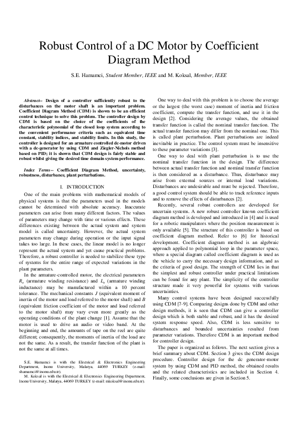 (PDF) Robust control of a dc motor by Coefficient Diagram Method