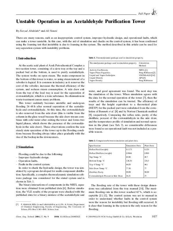 (PDF) Unstable Operation in an Acetaldehyde Purification Tower