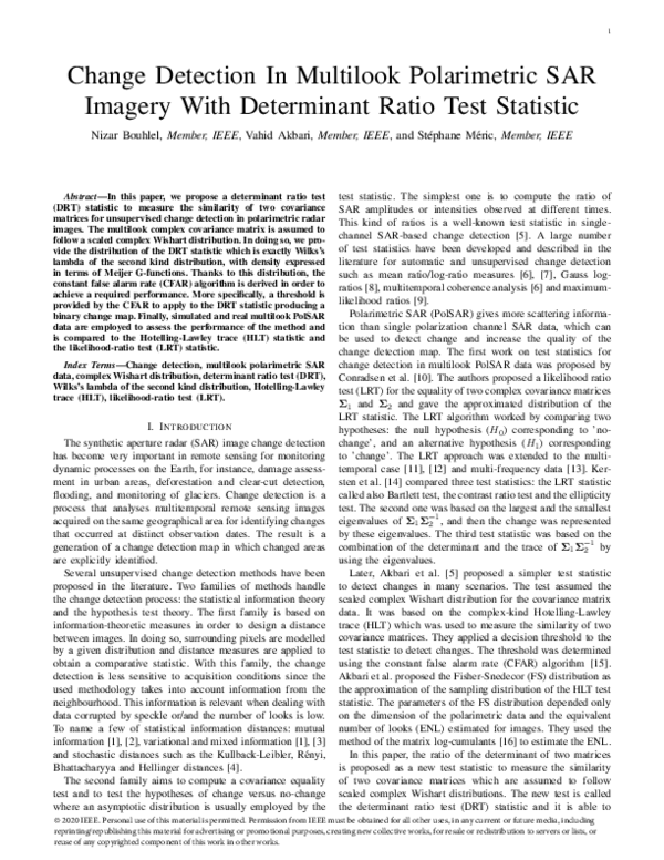(PDF) Change Detection in Multilook Polarimetric SAR Imagery With ...
