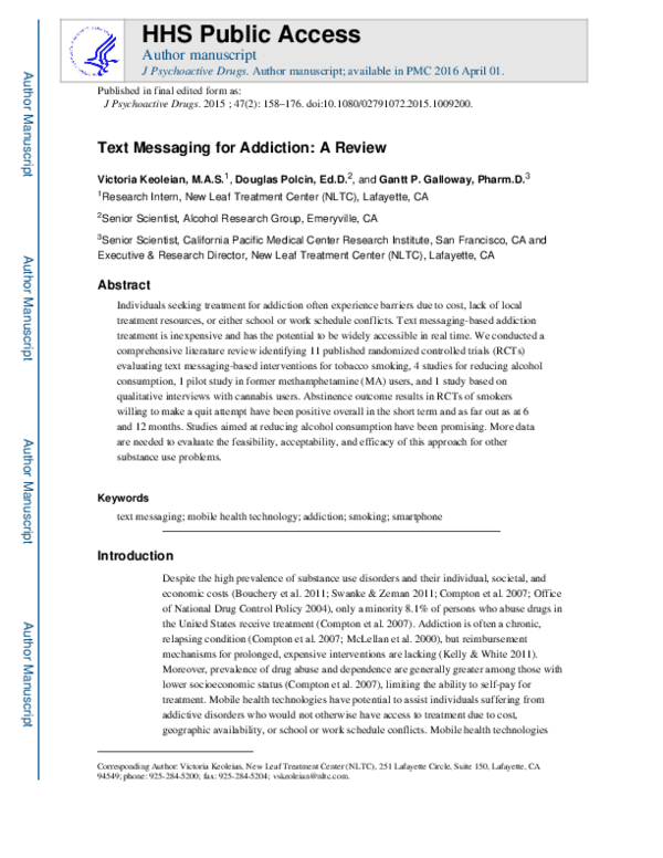 (PDF) Text Messaging for Addiction: A Review