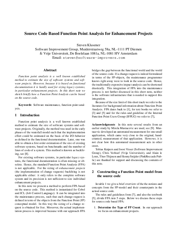 (PDF) Source code based function point analysis for enhancement projects