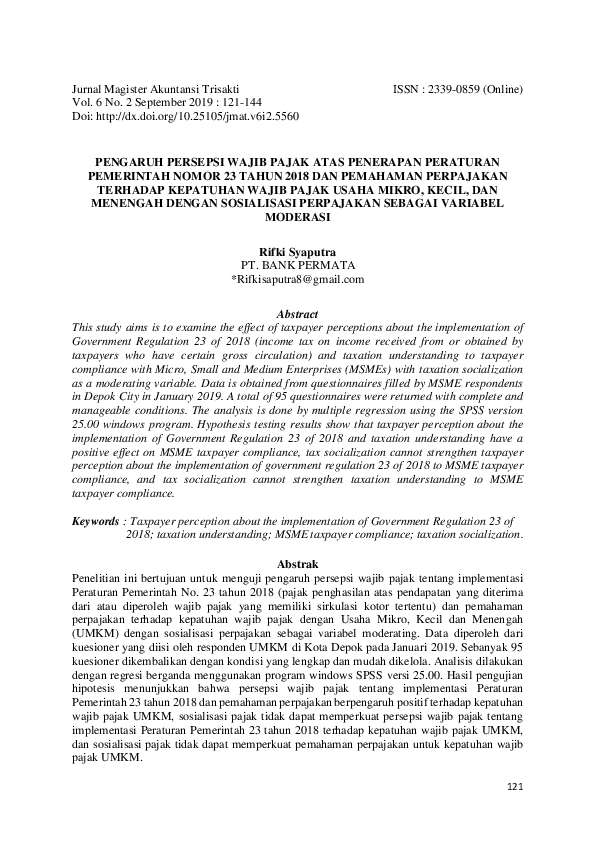 Pengaruh Persepsi Wajib Pajak Atas Penerapan Peraturan Pemerintah Nomor 23 Tahun 2018 Dan Pemahaman Perpajakan Terhadap Kepatuhan Wajib Pajak Usaha Mikro, Kecil, Dan Menengah Dengan Sosialisasi Perpajakan Sebagai Variabel Moderasi