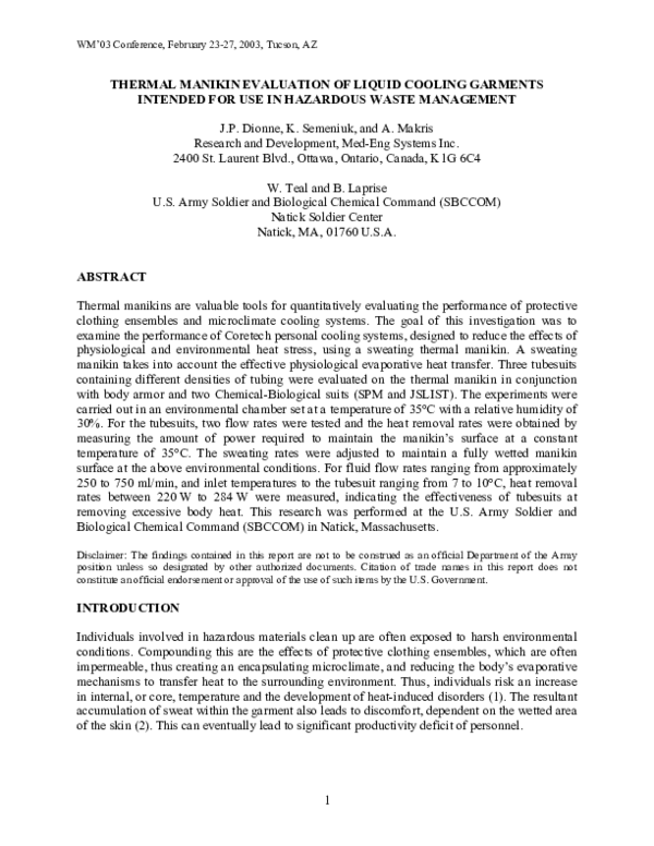 (PDF) Thermal Manikin Evaluation of Liquid Cooling Garments Intended ...
