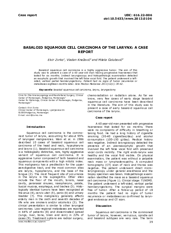 (PDF) Basaloid Squamous Cell Carcinoma of the Larynx: A Case Report