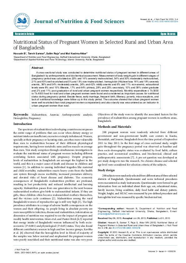 (PDF) Nutritional Status of Pregnant Women in Selected Rural and Urban ...