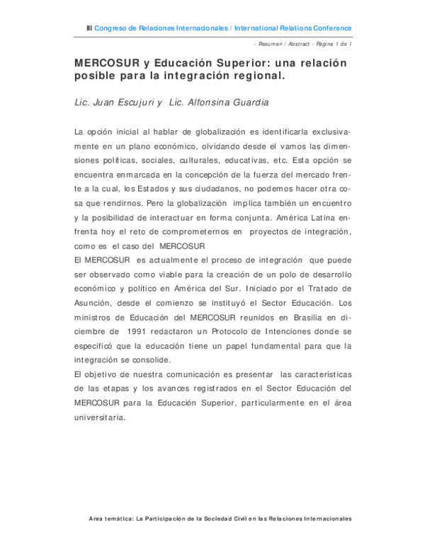 (PDF) MERCOSUR y Educación Superior: una relación posible para la ...