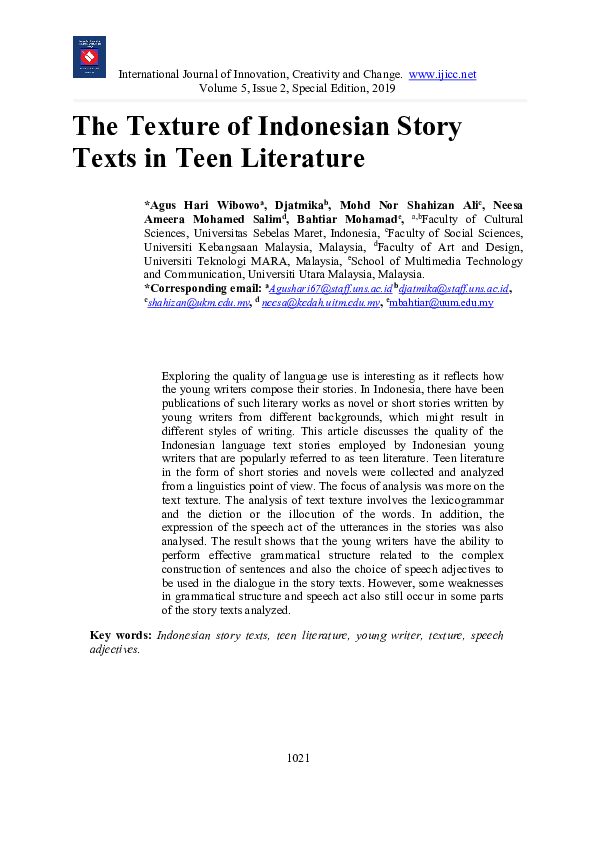 (PDF) The texture of Indonesian story texts in teen literature