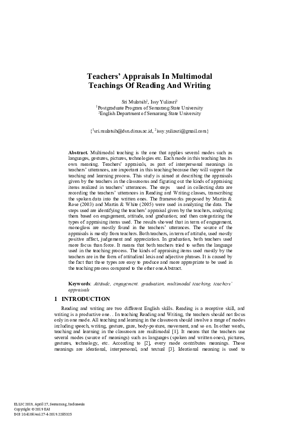 (PDF) Teachers’ Appraisals In Multimodal Teachings Of Reading And Writing