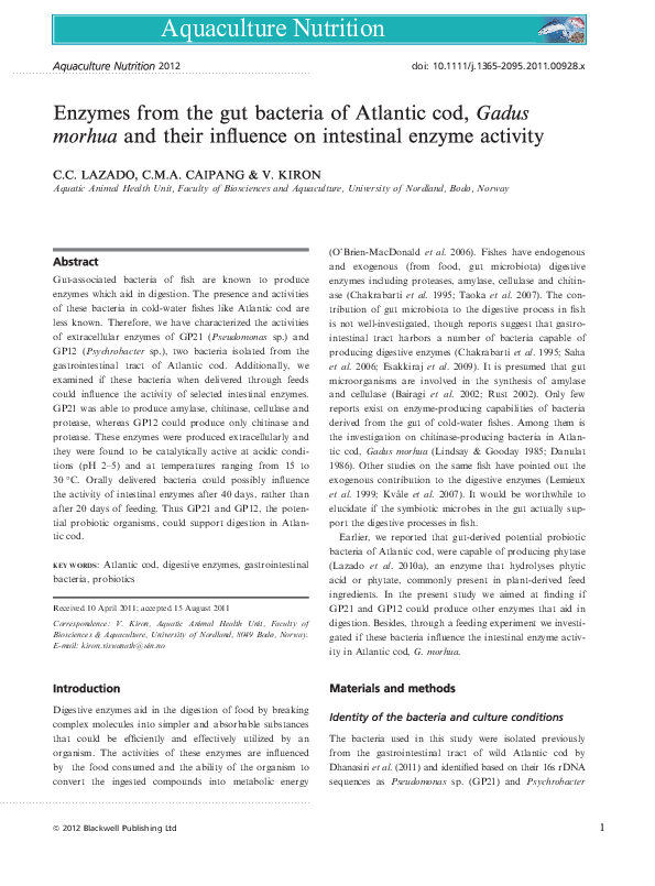 (PDF) Enzymes from the gut bacteria of Atlantic cod, Gadus morhua and ...