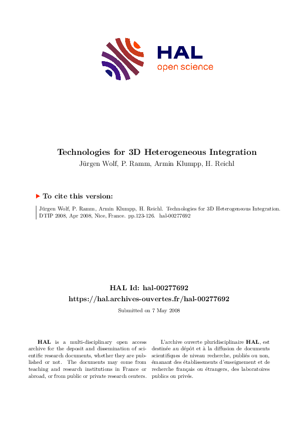 (PDF) Technologies for 3D wafer level heterogeneous integration