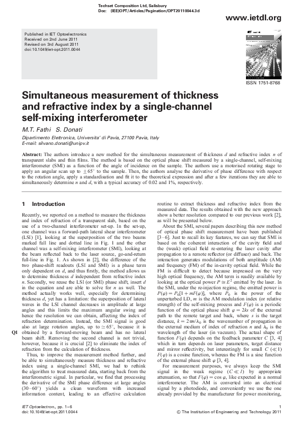 (PDF) Simultaneous measurement of thickness and refractive index by a ...