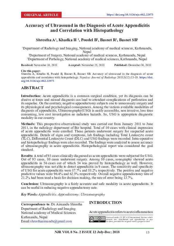 (PDF) Accuracy of Ultrasound in the Diagnosis of Acute Appendicitis and ...