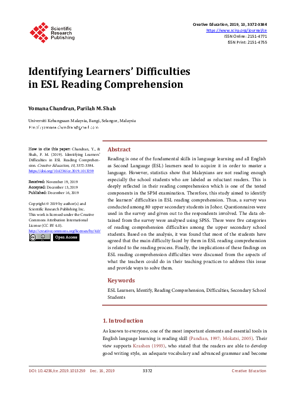 (PDF) Identifying Learners’ Difficulties in ESL Reading Comprehension