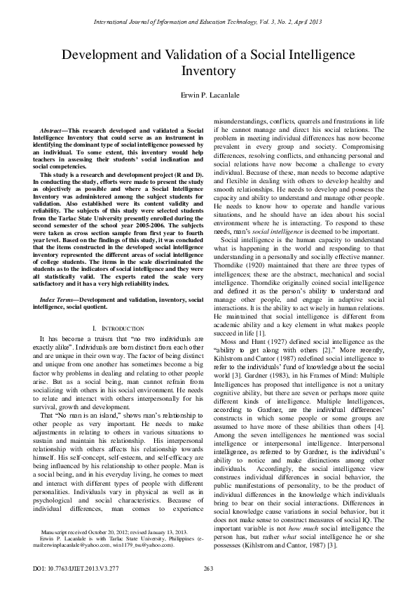 (PDF) Development and Validation of a Social Intelligence Inventory