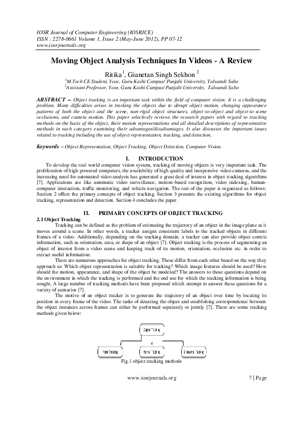 (PDF) Moving Object Analysis Techniques In Videos - A Review