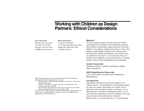 (PDF) Working with Children as Design Partners: Ethical Considerations