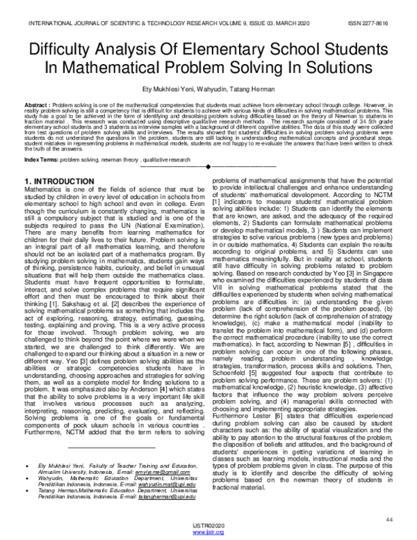 (PDF) Difficulty Analysis Of Elementary School Students In Mathematical ...