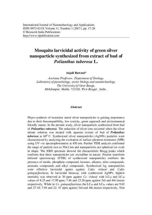 (PDF) Mosquito larvicidal activity of green silver nanoparticle ...