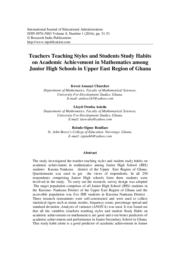 (PDF) Teachers Teaching Styles and Students Study Habits on Academic ...