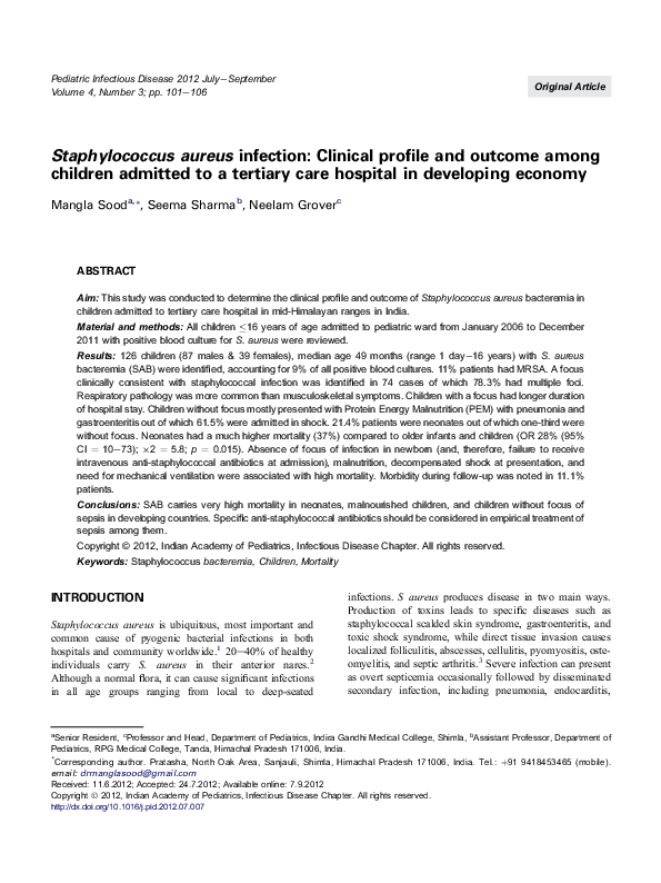 (PDF) Staphylococcus aureus infection: Clinical profile and outcome ...