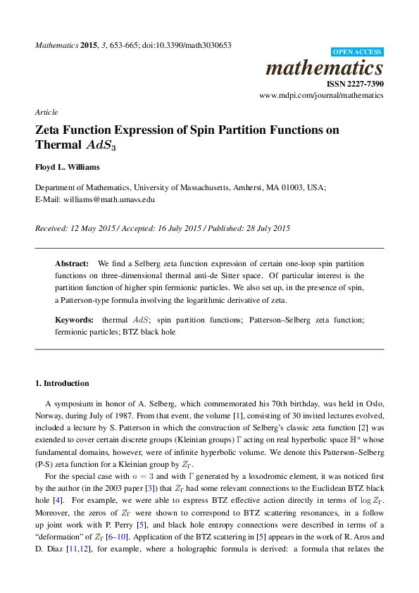 (PDF) Zeta Function Expression of Spin Partition Functions on Thermal AdS3