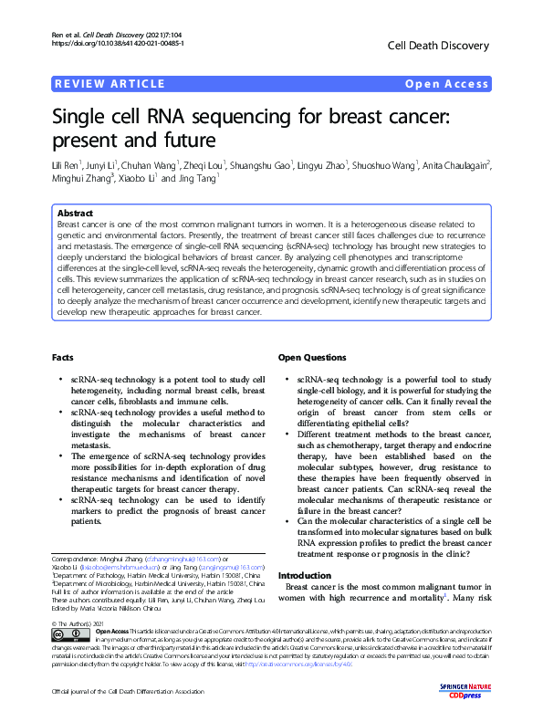 (PDF) Single cell RNA sequencing for breast cancer: present and future