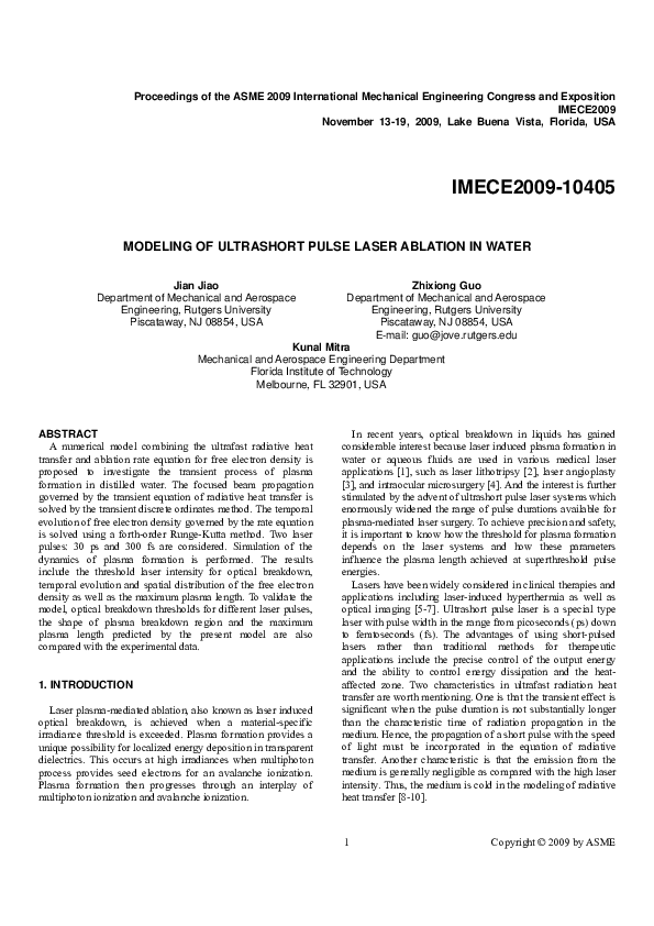 (PDF) Modeling of Ultrashort Pulse Laser Ablation in Water