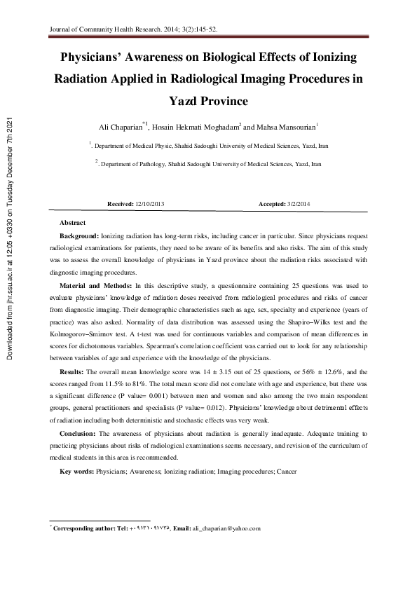 (PDF) Physicians' Awareness on Biological Effects of Ionizing Radiation ...