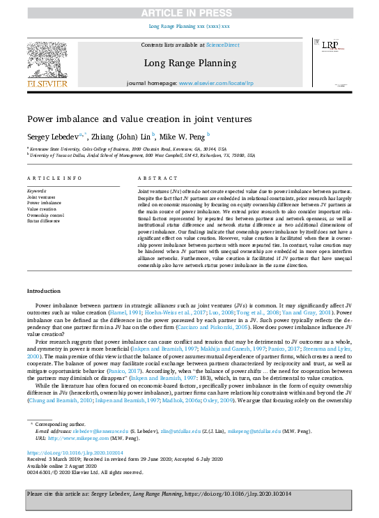 (PDF) Power imbalance and value creation in joint ventures