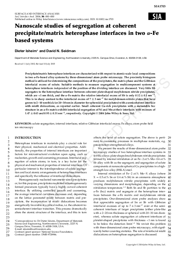 (PDF) Nanoscale studies of segregation at coherent precipitate/matrix ...