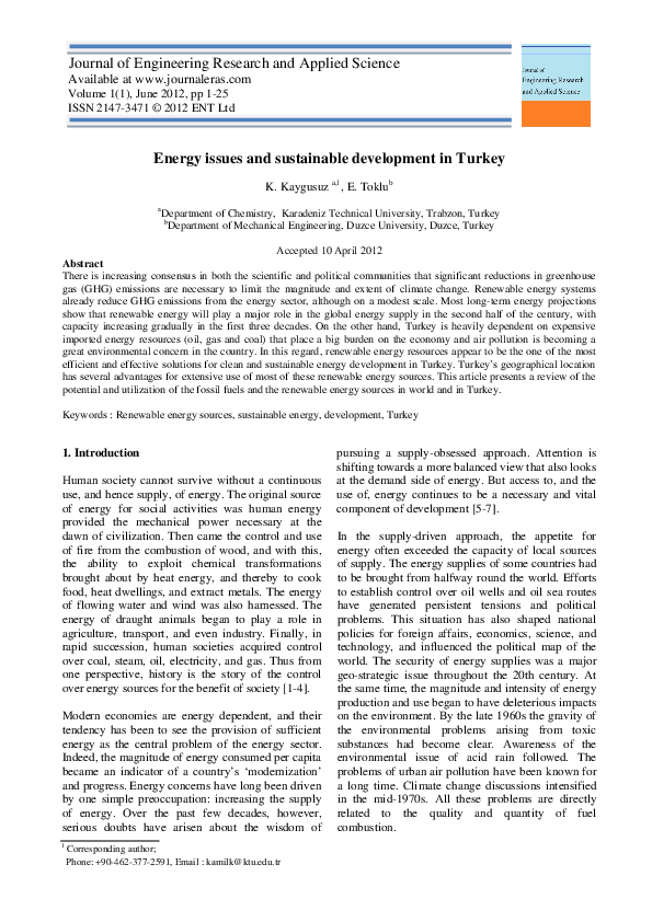 (PDF) Energy issues and sustainable development in Turkey