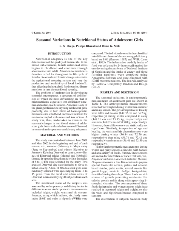 (PDF) Seasonal Variations in Nutritional Status of Adolescent Girls