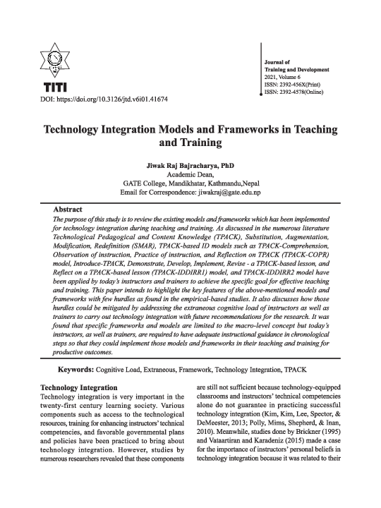 (PDF) Technology Integration Models and Frameworks in Teaching and Training