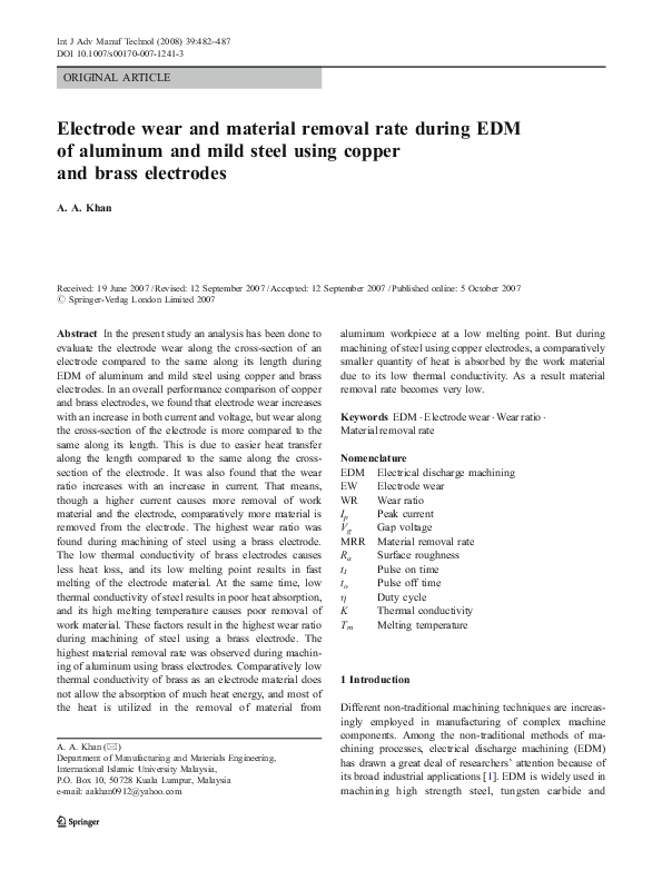 (PDF) Electrode wear and material removal rate during EDM of aluminum ...