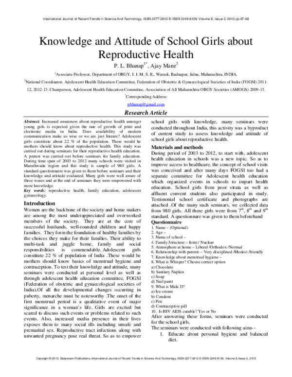 (PDF) Knowledge and Attitude of School Girls about Reproductive Health