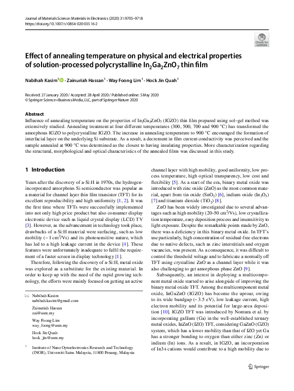 (PDF) Effect of annealing temperature on physical and electrical ...