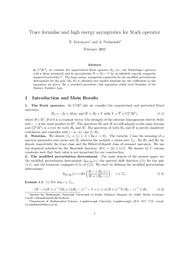(PDF) Trace Formulae and High Energy Asymptotics for the Stark Operator
