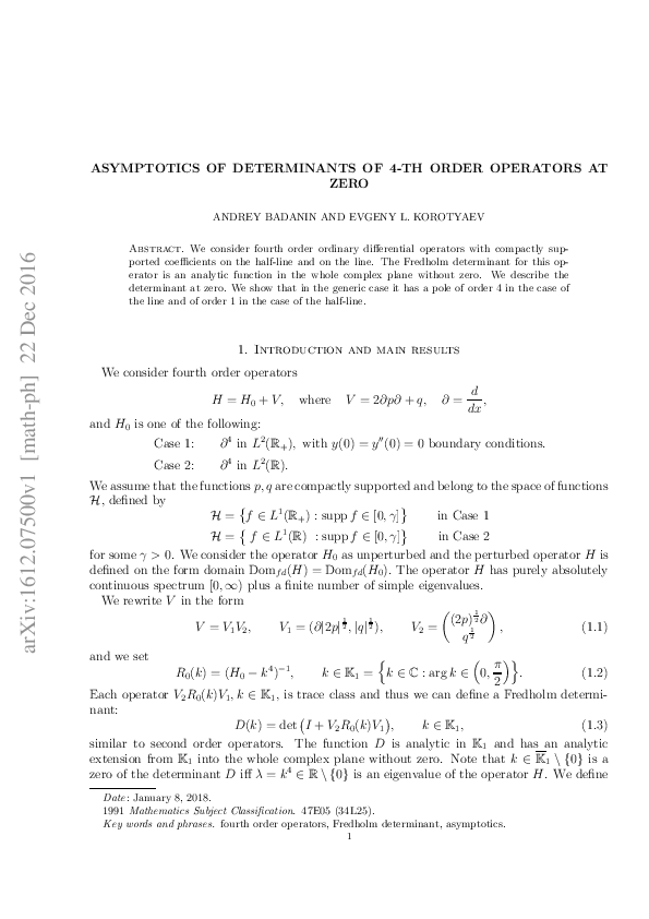 (PDF) Asymptotics of determinants of 4‐th order operators at zero
