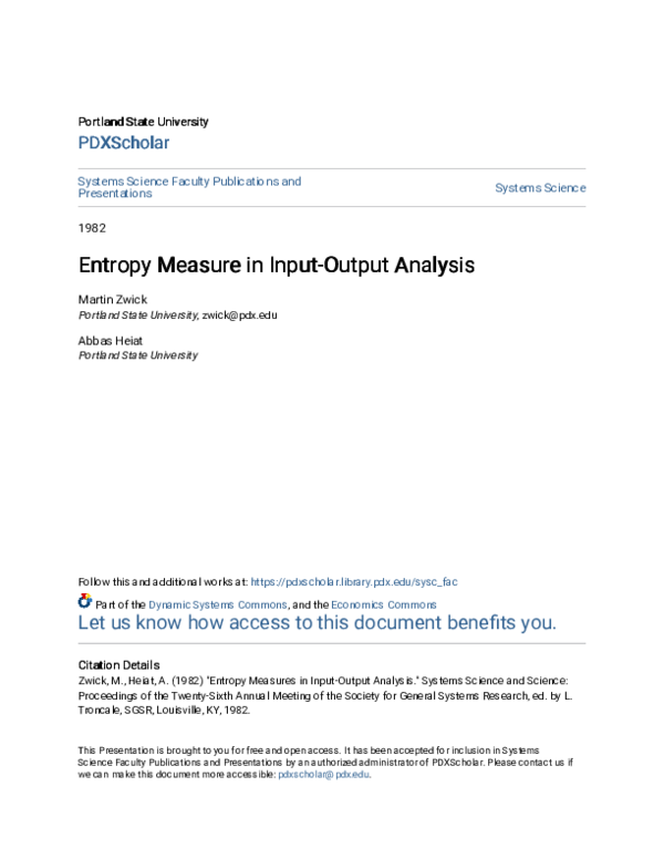 (PDF) Entropy Measure in Input-Output Analysis