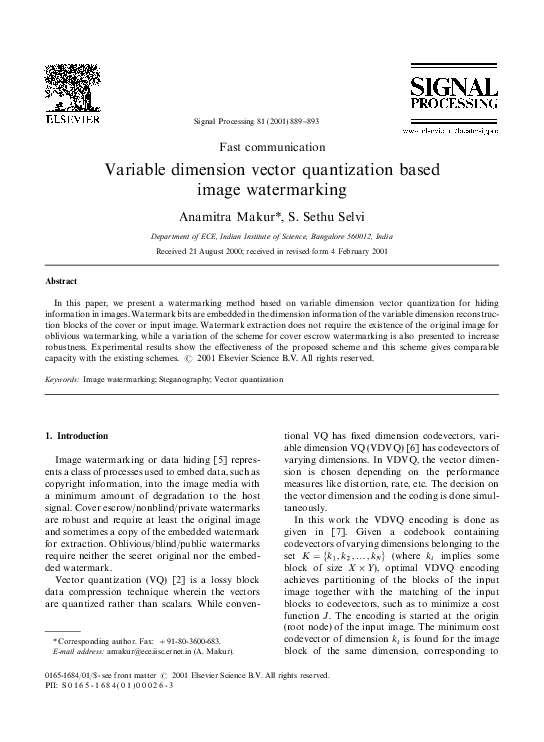 (PDF) Variable Dimension Vector Quantization Based Image Watermarking
