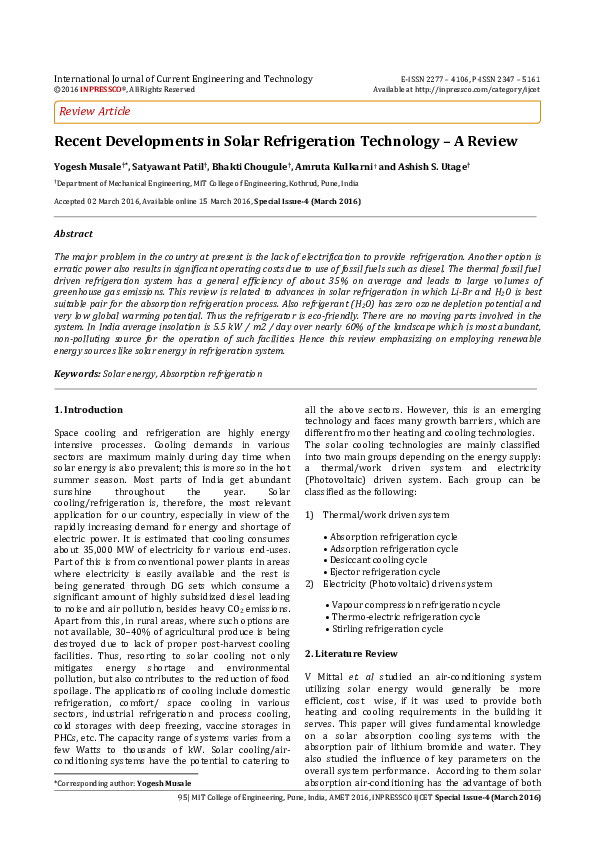 (PDF) Recent Developments in Solar Refrigeration Technology – A Review