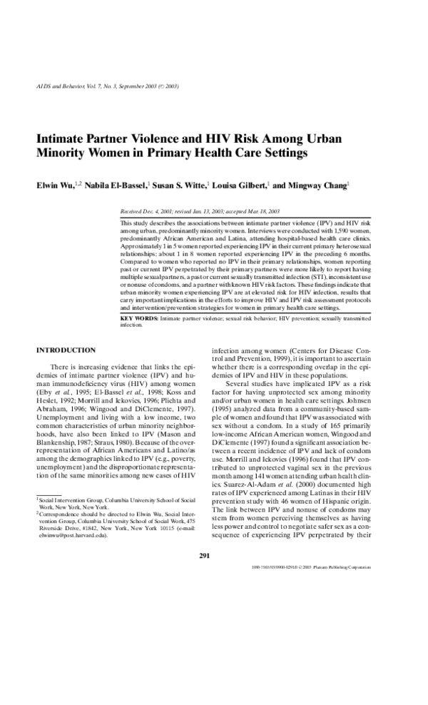 (PDF) Intimate partner violence and HIV risk among urban minority women ...