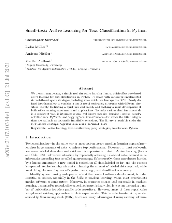 (PDF) Small-text: Active Learning for Text Classification in Python