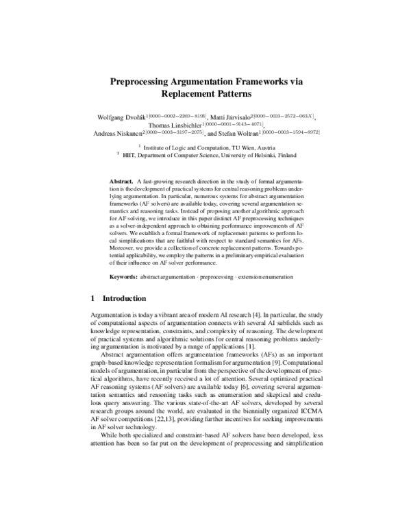 (PDF) Preprocessing Argumentation Frameworks via Replacement Patterns