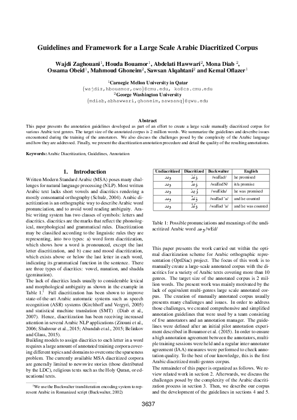 (PDF) Guidelines and Framework for a Large Scale Arabic Diacritized Corpus
