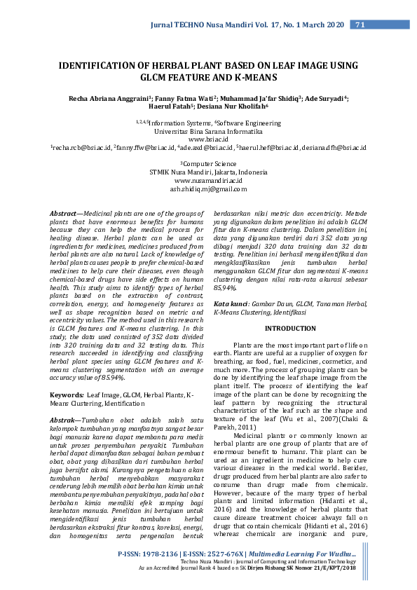 (PDF) Identification of Herbal Plant Based on Leaf Image Using GLCM ...