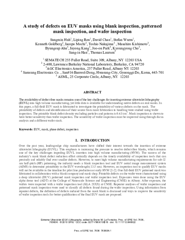 (PDF) A study of defects on EUV masks using blank inspection, patterned ...