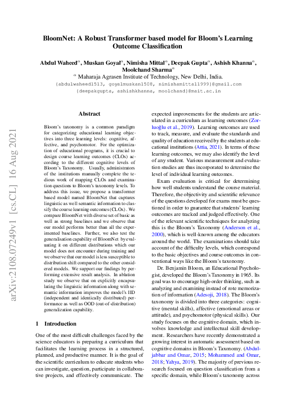 (PDF) BloomNet: A Robust Transformer based model for Bloom's Learning ...